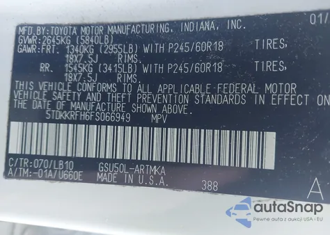 2015 Toyota Highlander Xle V6 из США, поврежденный, VIN 5TDKKRFH6FS066949